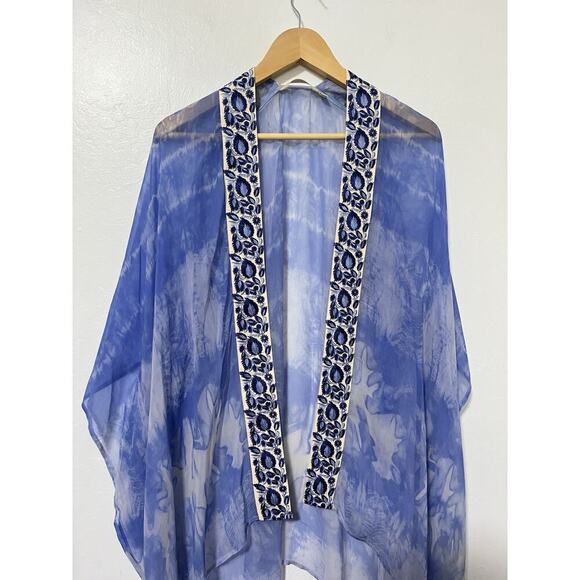 Soft Surroundings Origins Sheer Embroidered Kimono Top L/XL Blue Boho Artsy - Picture 3 of 7